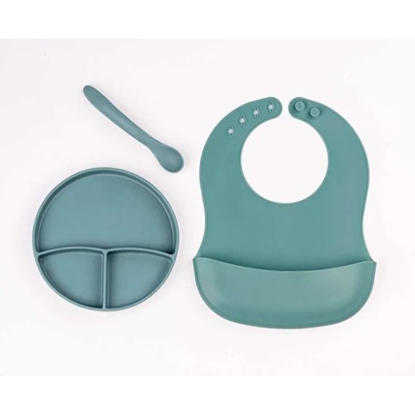 Yeşil 3’lü Silikon Yemek Seti – Önlük + Diş Kaşıyıcılı Kaşık + Vakumlu Tabak