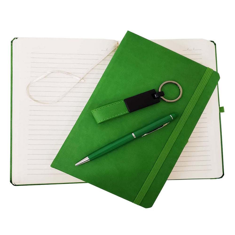 Yeşil Termo Deri Defter, Kalem ve Anahtarlık Seti