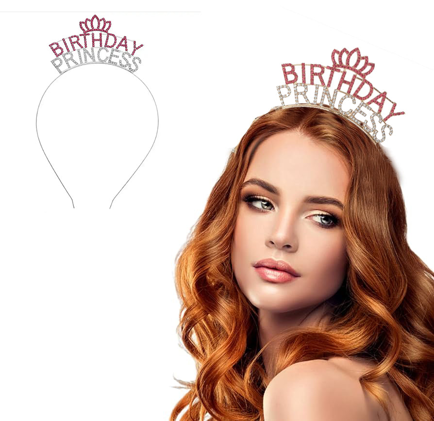 Kristal Taşlı Birthday Princess Yazılı Parti Tacı Pembe Renk