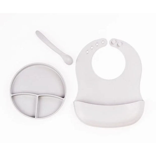 Gri 3’lü Silikon Yemek Seti – Önlük + Diş Kaşıyıcılı Kaşık + Vakumlu Tabak