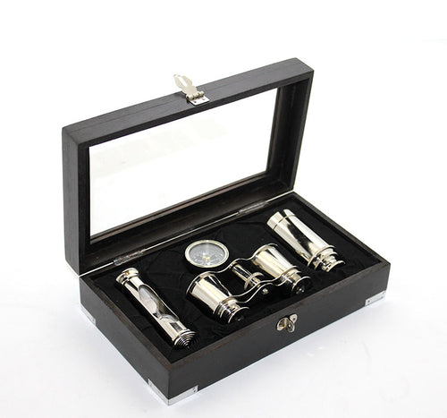 Ahşap Kutulu Pirinç Dürbün Pusula Ve Kum Saati Seti