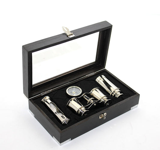 Ahşap Kutulu Pirinç Dürbün Pusula Ve Kum Saati Seti