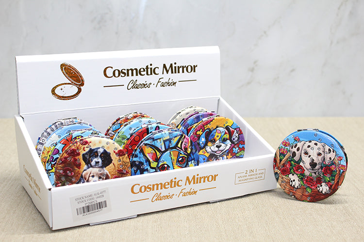 Sevimli Köpek Tasarımlı Taşlı İnce El Aynası Yuvarlak