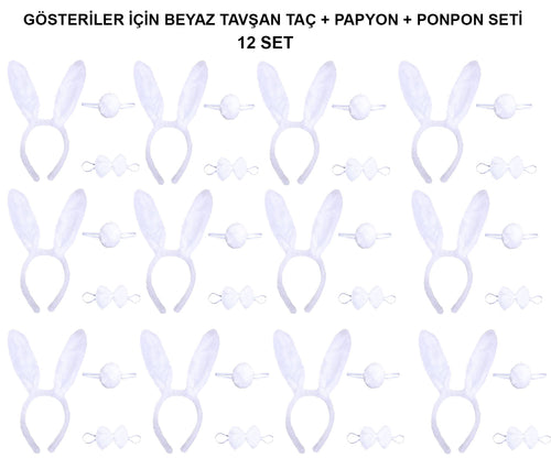Beyaz Tavşan Kostüm Seti – Taç, Papyon, Kuyruk (12’li Paket)