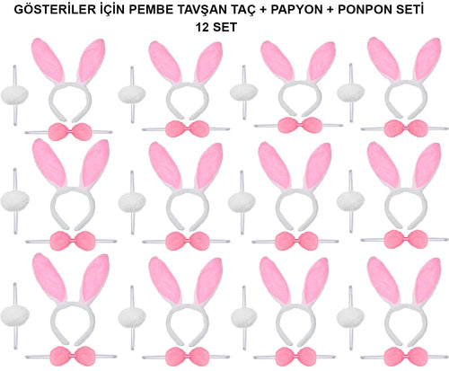 Pembe Tavşan Kostüm Seti – Taç, Papyon, Ponpon (12’li Paket)