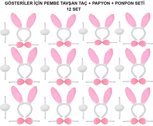 Pembe Tavşan Kostüm Seti – Taç, Papyon, Ponpon (12’li Paket)