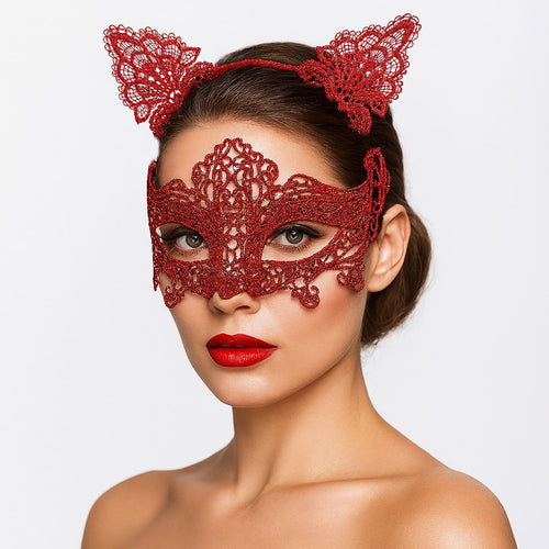 Romantik Kırmızı Dantel Maske Seti – Kedi Kulaklı Taç ve Maske No 3