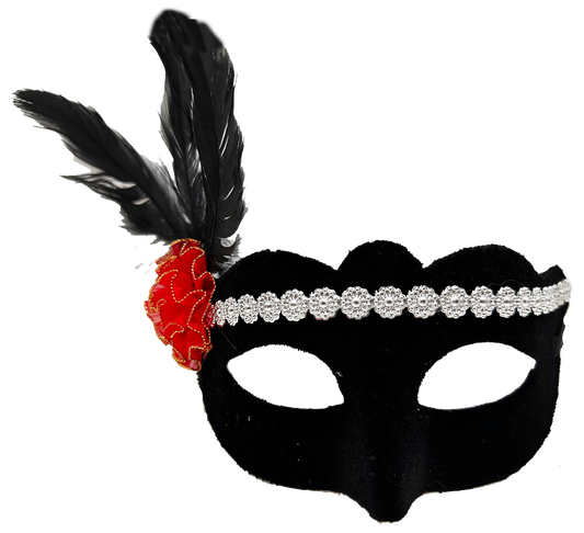 Gümüş Dantelli Kırmızı Gül Tasarımlı Parti Maskesi