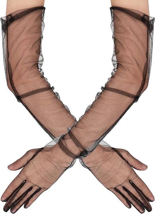 Uzun Boy Likralı Siyah Yetişkin Mega Tül Eldiven